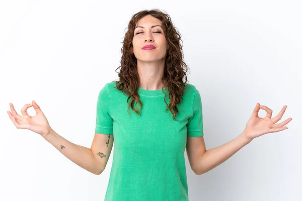 Young Woman Curly Hair Isolated White Background Zen Pose — Stock Photo, Image