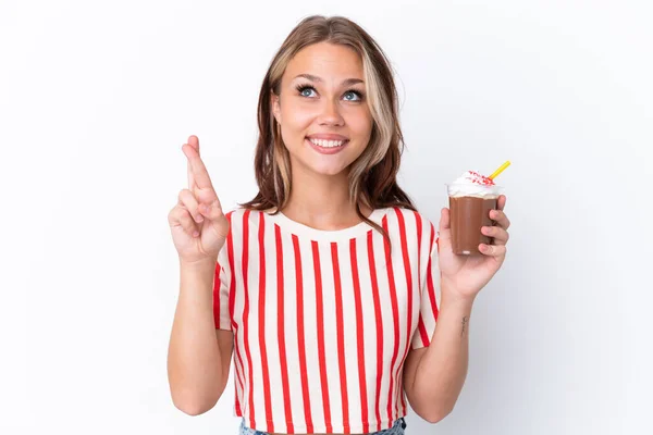 Ung Rysk Flicka Som Håller Cappuccino Isolerad Vit Bakgrund Med — Stockfoto