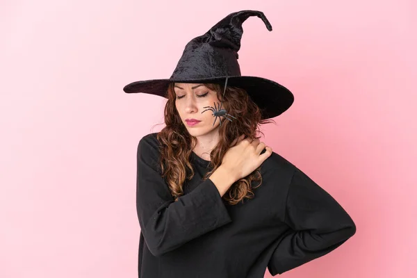 Joven Mujer Caucásica Celebrando Halloween Aislada Sobre Fondo Rosa Sufriendo —  Fotos de Stock