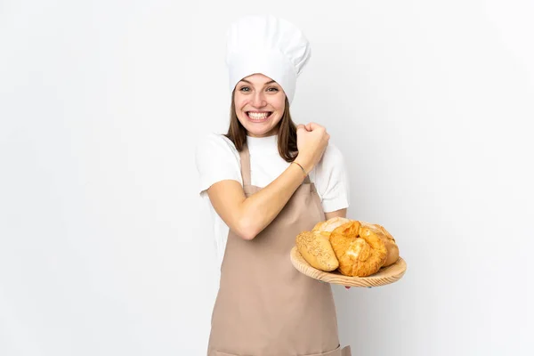 Mujer Joven Uniforme Chef Aislada Sobre Fondo Blanco Celebrando Una — Foto de Stock