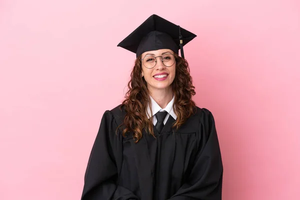 Young University Graduate Woman Isolated Pink Background Glasses Happy — Stock Photo, Image