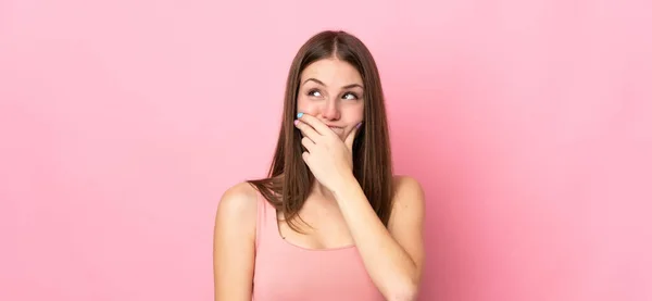Young Caucasian Woman Isolated Pink Background Having Doubts Confuse Face — Stock Photo, Image