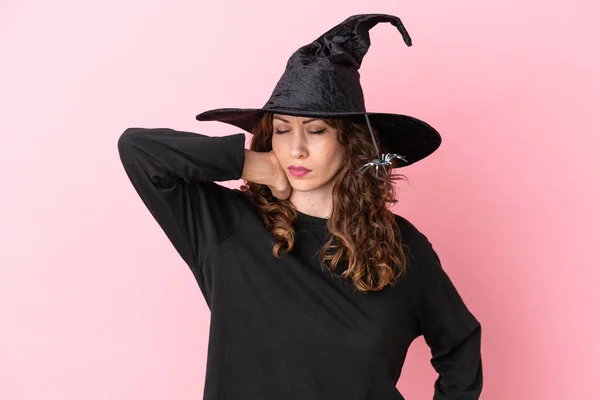 Young Caucasian Woman Celebrating Halloween Isolated Pink Background Neckache — Stock Photo, Image