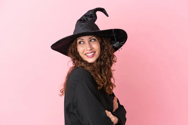 Giovane Donna Caucasica Che Celebra Halloween Isolato Sfondo Rosa Con — Foto Stock