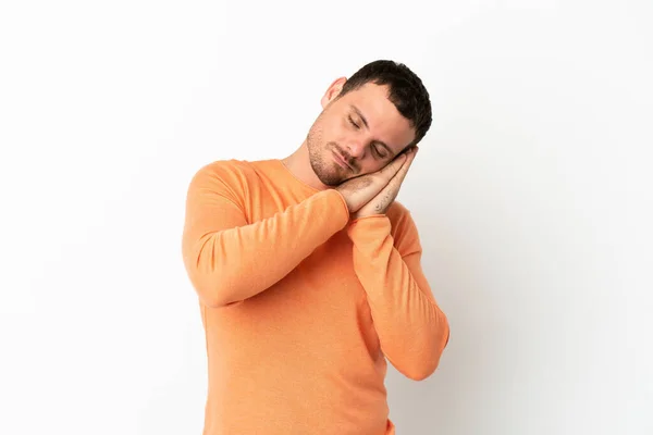 Brazilian Man Isolated White Background Making Sleep Gesture Dorable Expression — Stock Photo, Image