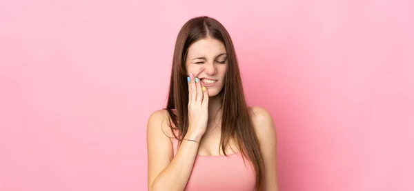 Young Caucasian Woman Isolated Pink Background Toothache — Stock Photo, Image