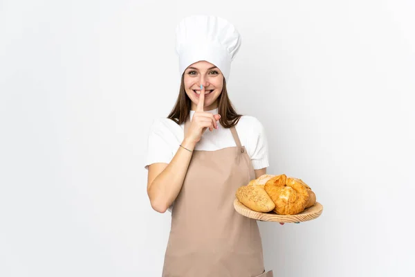 Jovem Mulher Uniforme Chef Isolado Fundo Branco Fazendo Gesto Silêncio — Fotografia de Stock