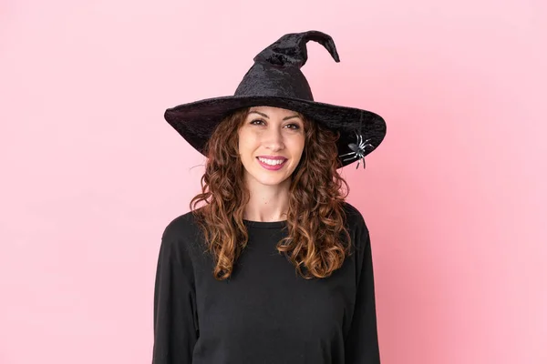 Joven Mujer Caucásica Celebrando Halloween Aislada Sobre Fondo Rosa Riendo —  Fotos de Stock