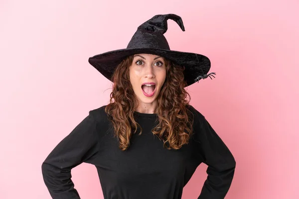 Joven Mujer Caucásica Celebrando Halloween Aislada Sobre Fondo Rosa Con —  Fotos de Stock