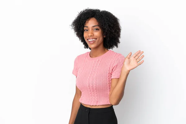 Young African American Woman Isolated White Background Saluting Hand Happy — Stock Photo, Image