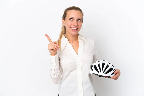 Business Donna Caucasica Con Casco Bicicletta Isolato Sfondo Bianco Che — Foto Stock