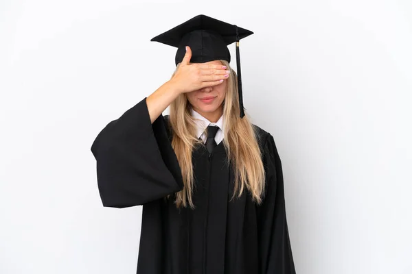 Giovane Laureata Donna Caucasica Isolato Sfondo Bianco Che Copre Gli — Foto Stock