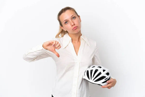 Mulher Caucasiana Negócios Com Capacete Bicicleta Isolado Fundo Branco Mostrando — Fotografia de Stock