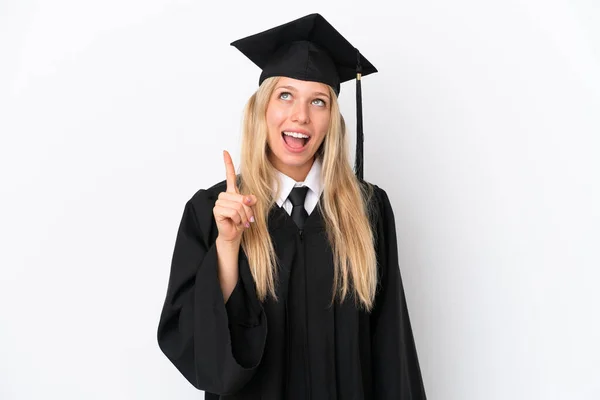 Jovem Universitária Mulher Caucasiana Pós Graduação Isolado Fundo Branco Apontando — Fotografia de Stock
