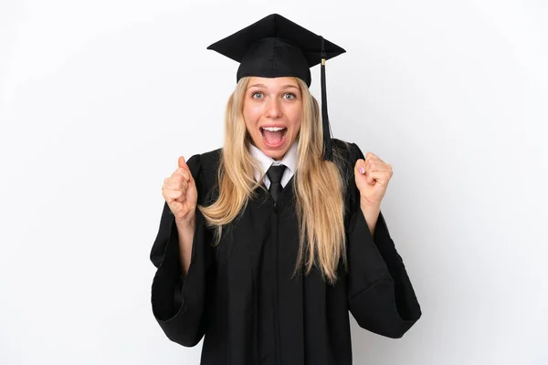 Giovane Laureata Donna Caucasica Isolato Sfondo Bianco Che Celebra Una — Foto Stock