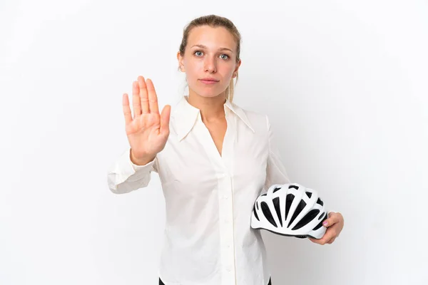 Mulher Caucasiana Negócios Com Capacete Bicicleta Isolado Fundo Branco Fazendo — Fotografia de Stock