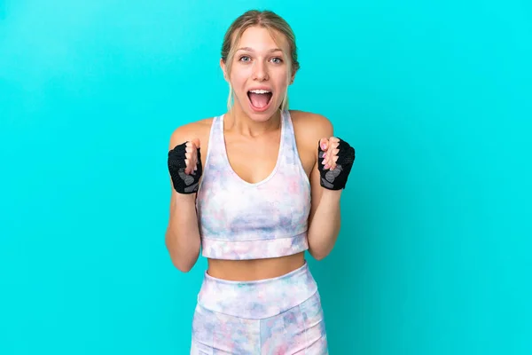 Sport Caucasian Woman Isolated Blue Background Celebrating Victory Winner Position — Stock Photo, Image