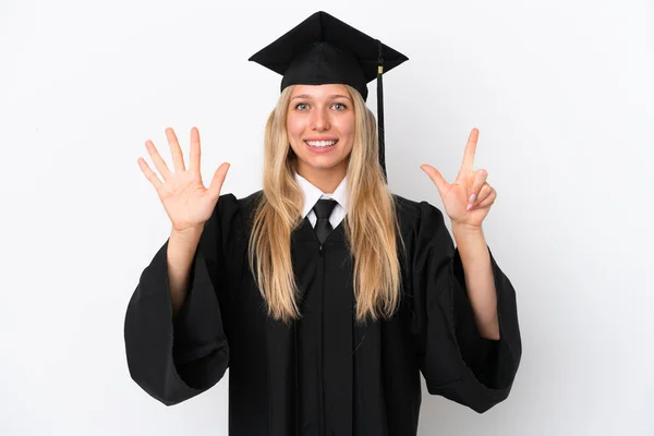 Jovem Universitária Graduada Caucasiana Mulher Isolada Fundo Branco Contando Sete — Fotografia de Stock