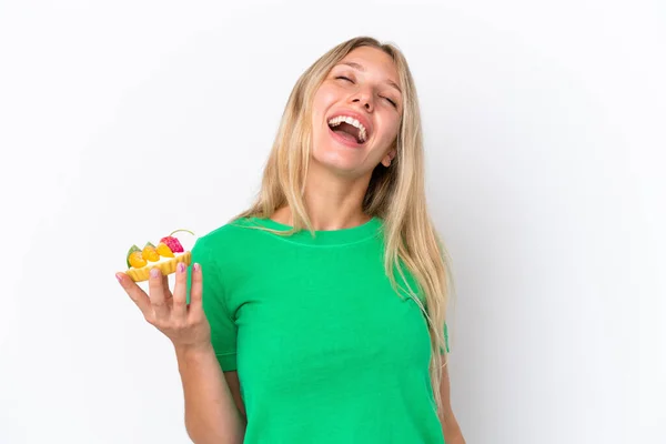 Young Caucasian Woman Holding Tartlet Isolated White Background Laughing — Stock Photo, Image