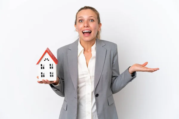 Real Estate Agent Woman Holding Toy House Isolated White Background — Stock Photo, Image