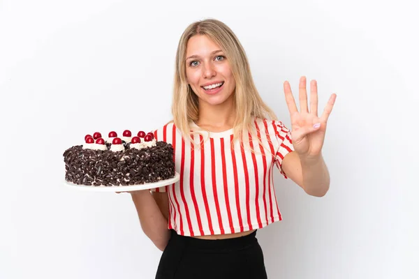Junge Kaukasische Frau Hält Geburtstagstorte Isoliert Auf Weißem Hintergrund Glücklich — Stockfoto