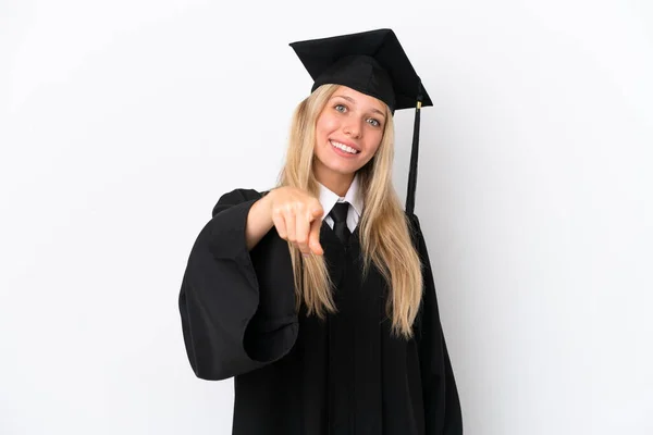 Jovem Universitária Graduada Mulher Caucasiana Isolado Fundo Branco Aponta Dedo — Fotografia de Stock