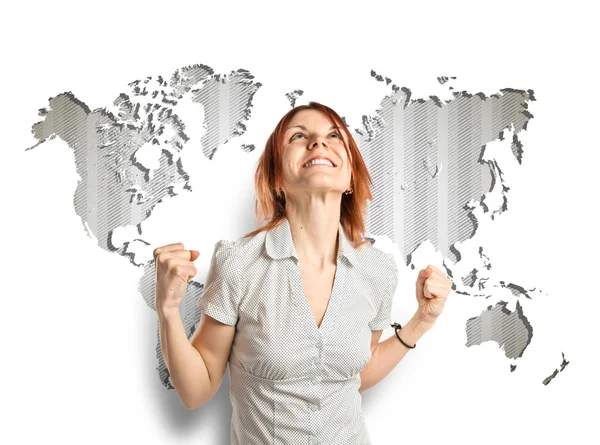 Lucky woman over map background — Stock Photo, Image