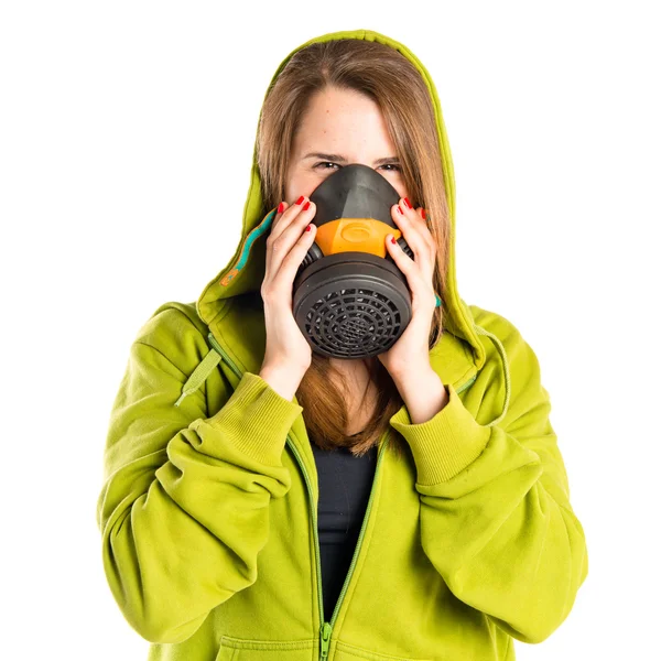 Chica con máscara de gas sobre fondo blanco — Stok fotoğraf