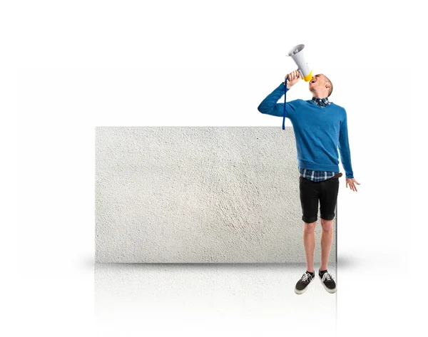 Rectangular placard with man shouting over white background — Stock Photo, Image