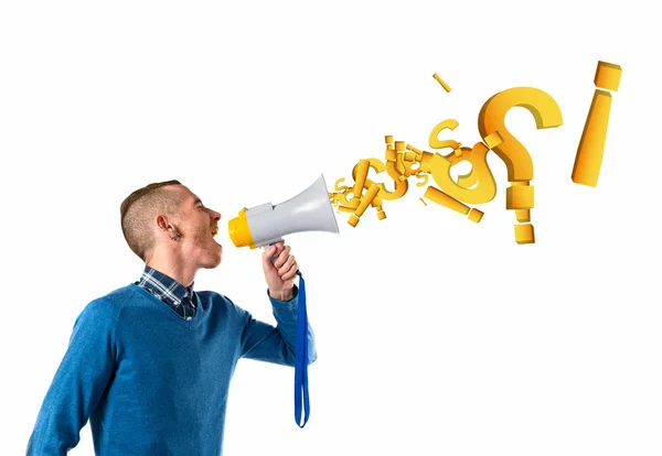 Zrzka muž křičí megafon nad bílým pozadím — Stock fotografie