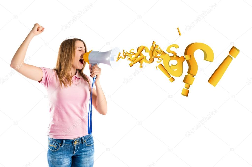 Blonde girl shouting with a megaphone over white background 