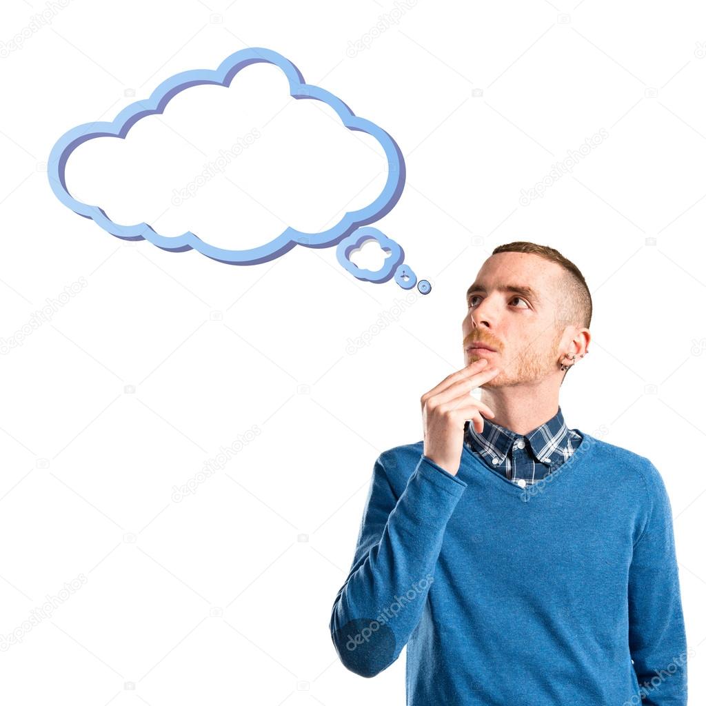 Young man thinking over white background 