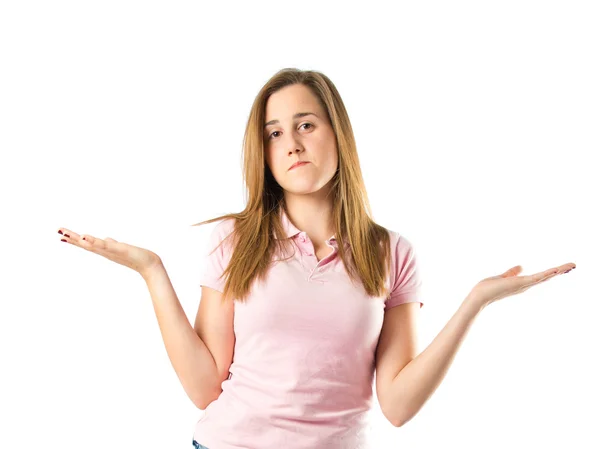 Chica teniendo dudas sobre el fondo blanco aislado — Foto de Stock