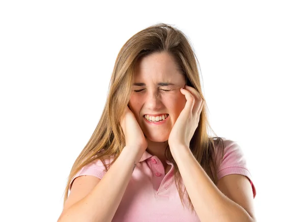 Frustrado chica sobre aislado blanco fondo — Foto de Stock