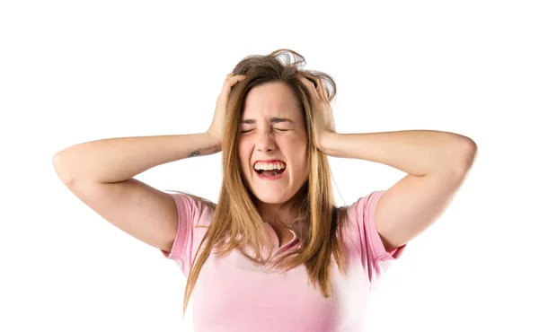 Frustrado chica sobre aislado blanco fondo — Foto de Stock