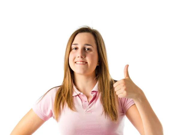 Girl with thumb up over white background — Stock Photo, Image