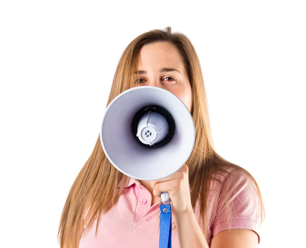 Meisje schreeuwen over geïsoleerde witte achtergrond — Stockfoto