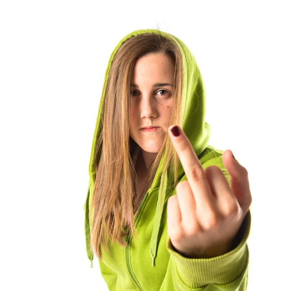 Chica haciendo gesto cuerno sobre fondo blanco — Foto de Stock