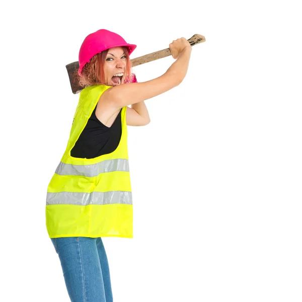 白い背景の上の斧で仕事女性 — ストック写真