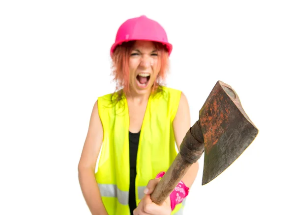 Mulher de trabalho com machado sobre fundo branco — Fotografia de Stock