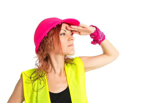 Mujer trabajadora mirando algo sobre fondo blanco —  Fotos de Stock