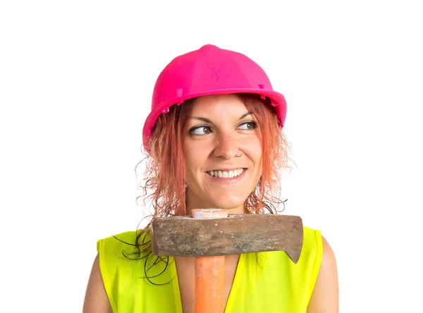 Mujer de trabajo con hacha sobre fondo blanco —  Fotos de Stock