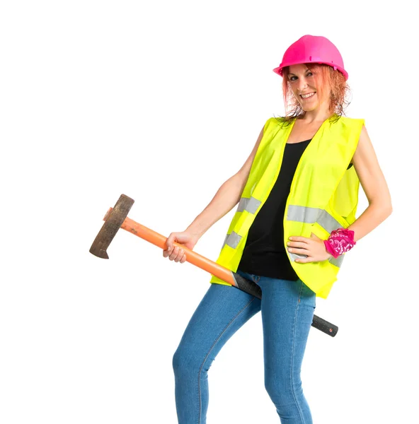 Work woman with ax over white background — Stock Photo, Image