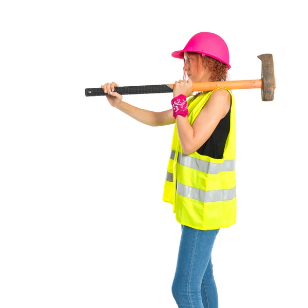 Mulher de trabalho com machado sobre fundo branco — Fotografia de Stock