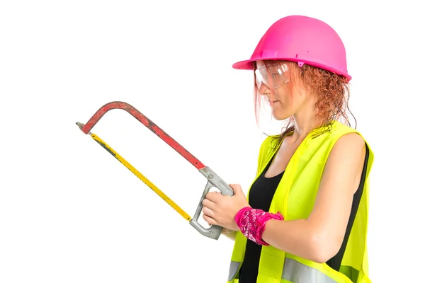 Worker woman with hacksaw over white background — Stock Photo, Image