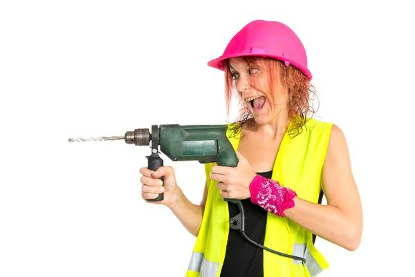 Lavoratore donna con trapano su sfondo bianco — Foto Stock