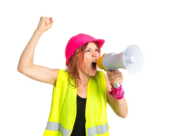 Arbeiter Frau schreit über isolierten weißen Hintergrund — Stockfoto