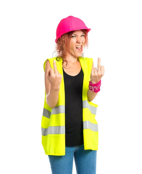 Arbeiterin macht Hupgeste vor weißem Hintergrund — Stockfoto