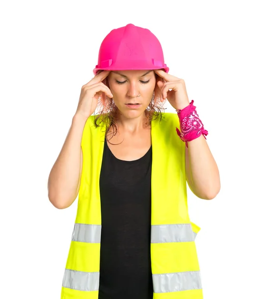 Frustrierte Arbeiterfrau über isolierten weißen Hintergrund — Stockfoto
