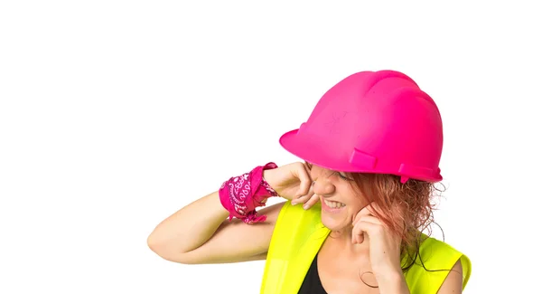Worker woman covering her ears over white background — Stock Photo, Image